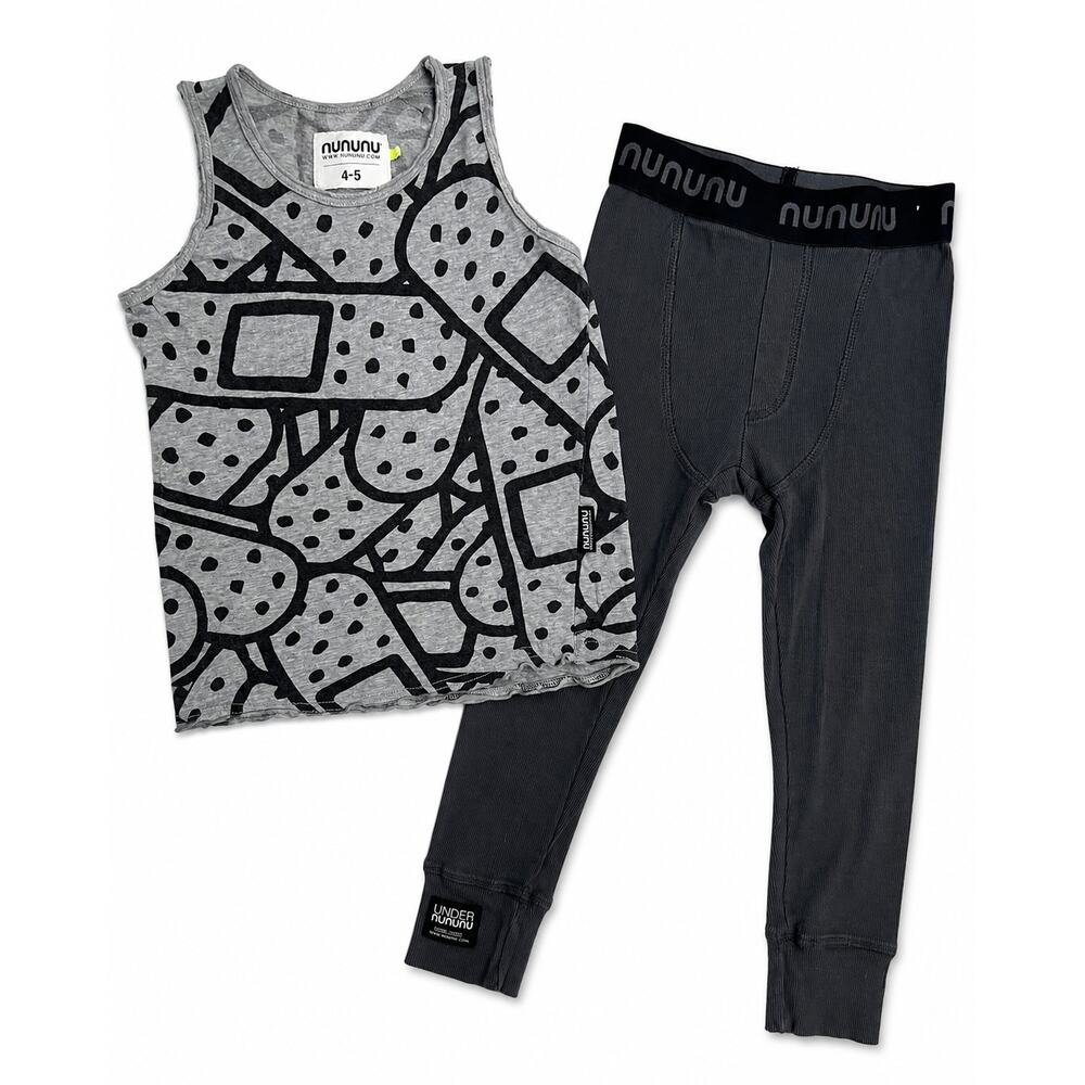 Nununu Kids 2 Piece Pajama Set Gray Bandage Graphic Tank Top Leggings Size 4-5